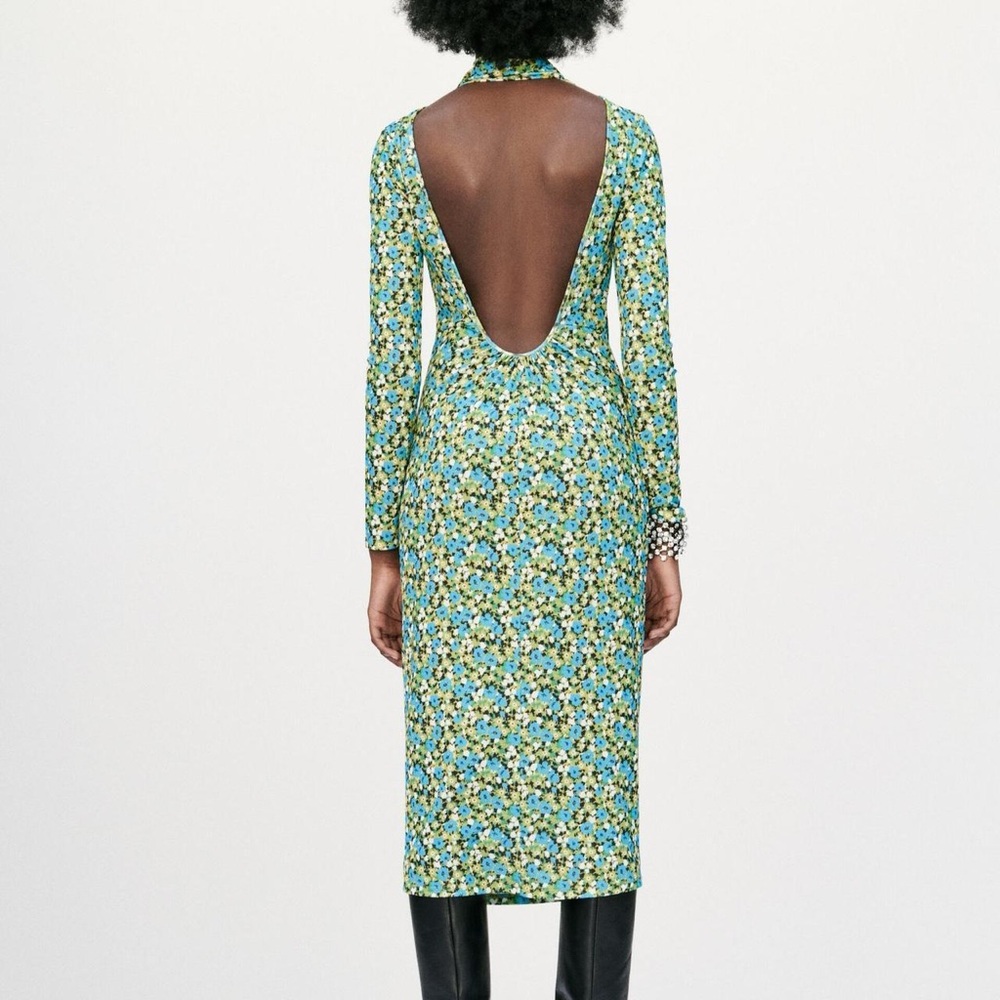 💚 ZARA Bloggers Fav Long Sleeve Floral Backless Dress with Tie. LARGE - Picture 8 of 14